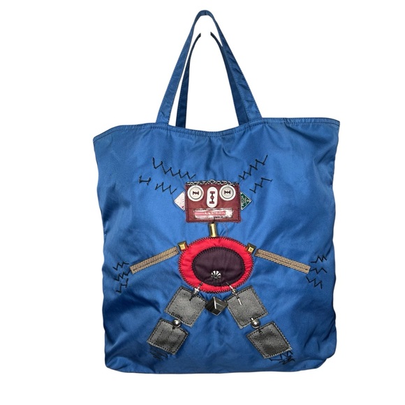 Prada Rare Vintage 2000 re-edition Blue Tessuto Nylon Tote Bag with Robot Design - Picture 1 of 13